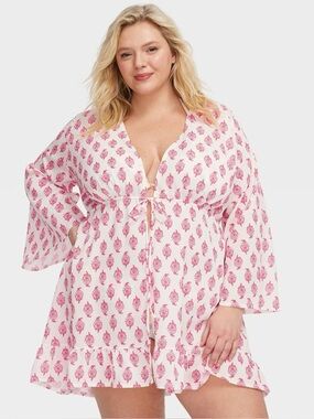 1X - Roller Rabbit x Target - Women's Bouquet Tie-Front Swimsuit Cover Up Pink
